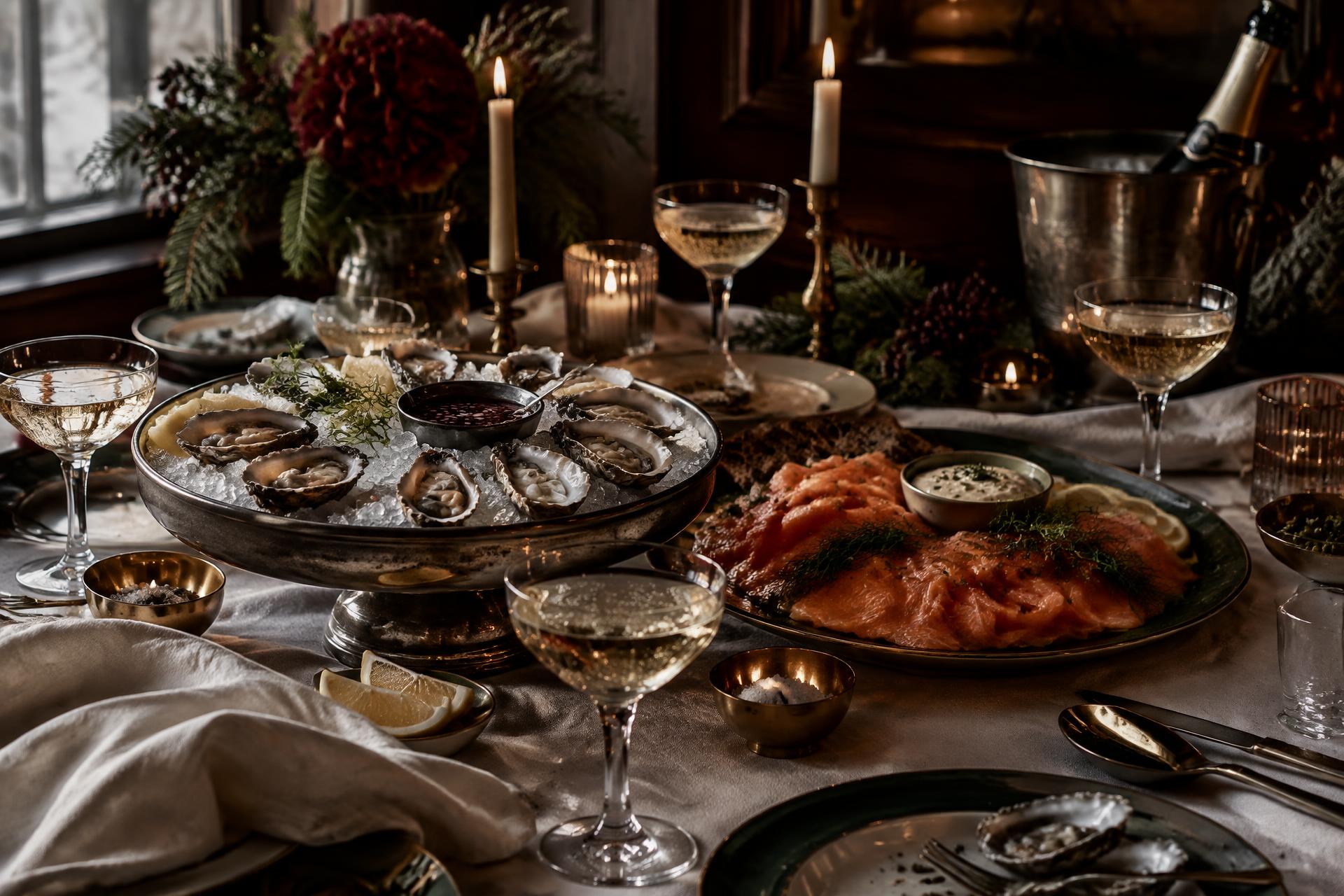Table de fêtes : huîtres, saumon fumé et champagne à la lueur des bougies